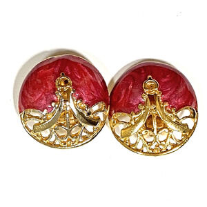Vintage Clip On Earrings Classic 1980s Boss Lady Gold Filigree Pink Enamel Round